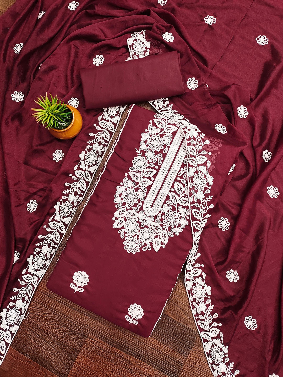 

MANVAA Floral Embroidered Thread Work Unstitched Dress Material, Maroon