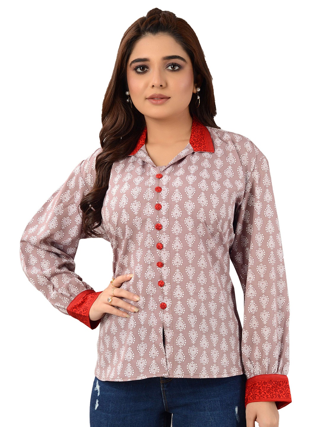 

TROMBOO Women Ethnic Motifs Printed Shirt Collar CottonShirt Style Top, Pink