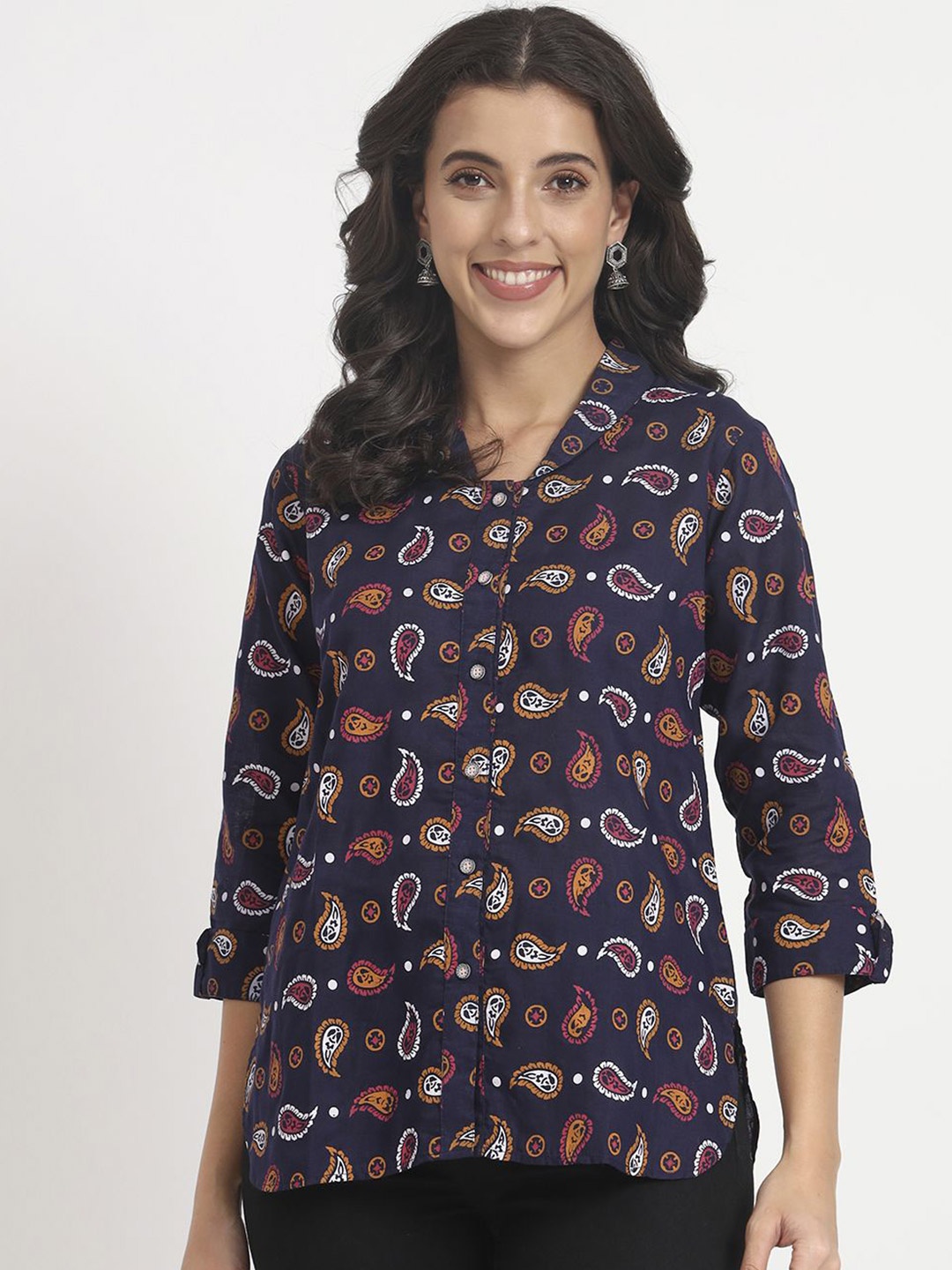 

ANGOORI FASHION Women Straight Fit Slim Collar Ethnic Motifs Printed Cotton Casual Shirt, Navy blue