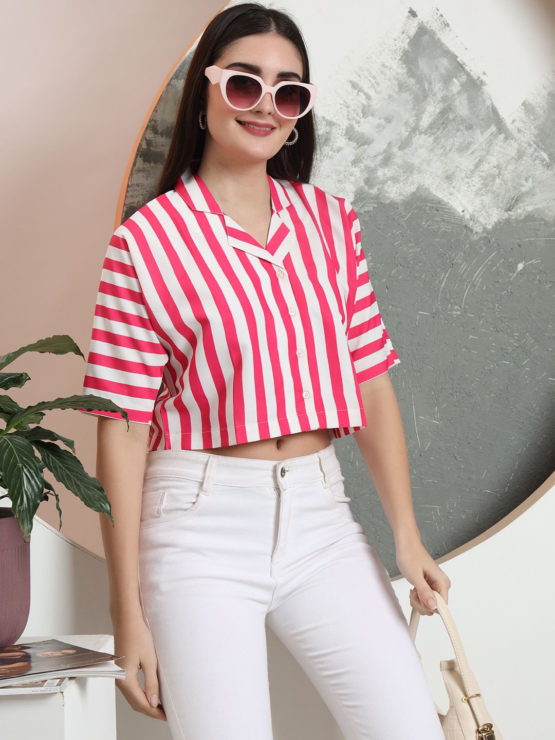 

FITHUB Women Boxy Fit Cuban Collar Vertical Striped Cotton Casual Shirt, Pink