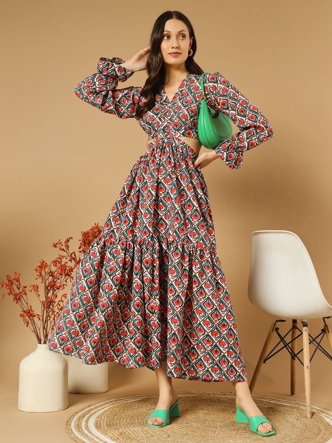 

ZWERLON Floral Print Ruffled A-Line Maxi Dress, Red