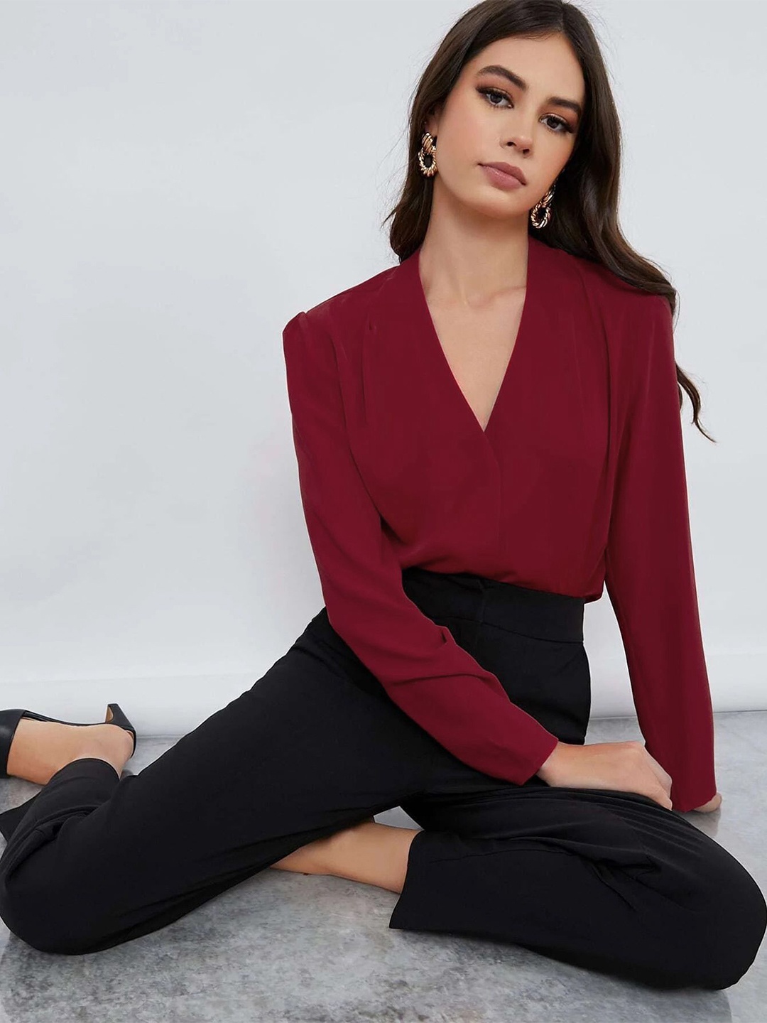 

FNOCKS Women Comfort Fit V-Neck Solid Cotton Formal Shirt, Red
