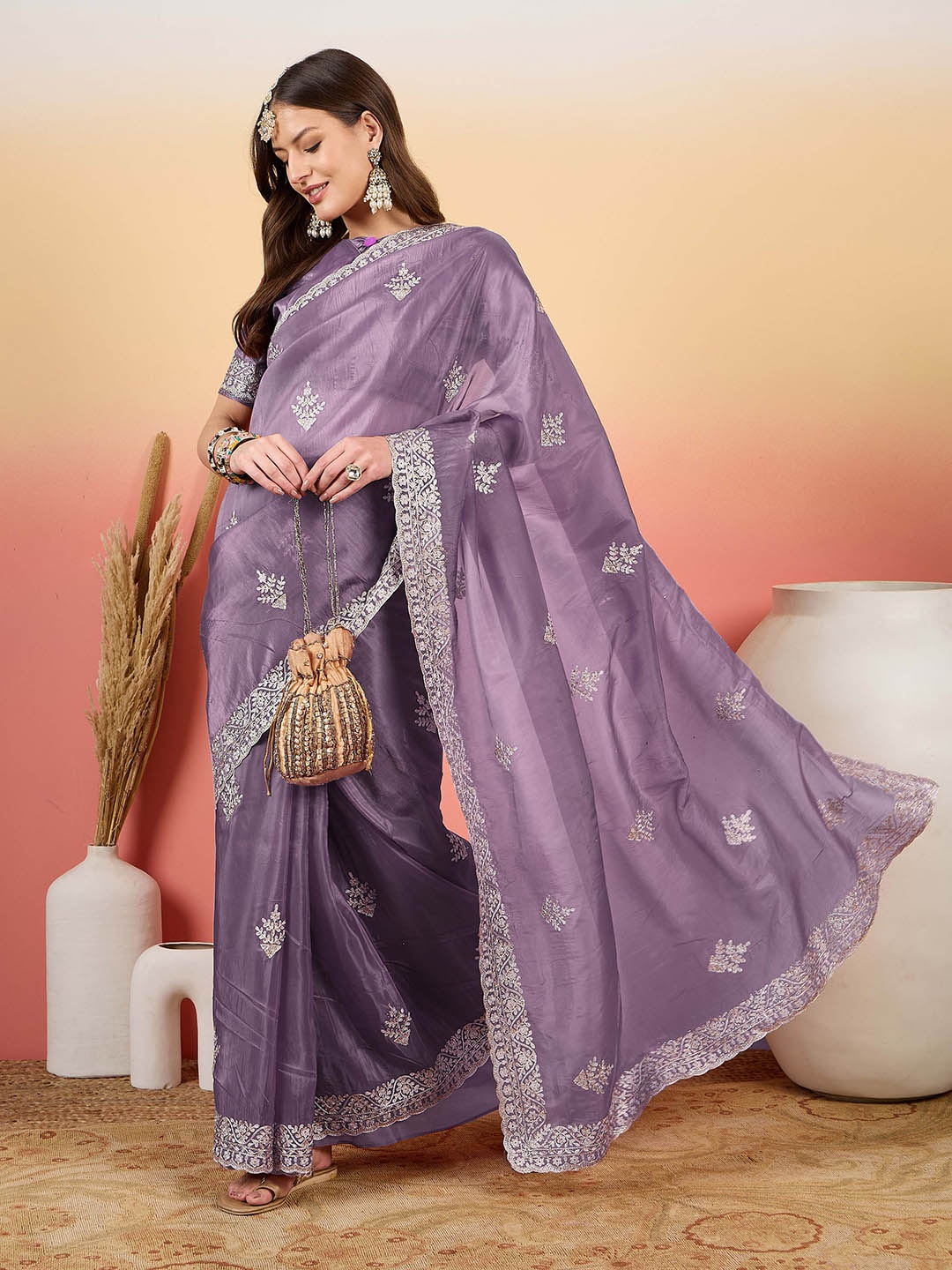 

Sangria Embroidered Saree Pure Silk With Blouse, Purple