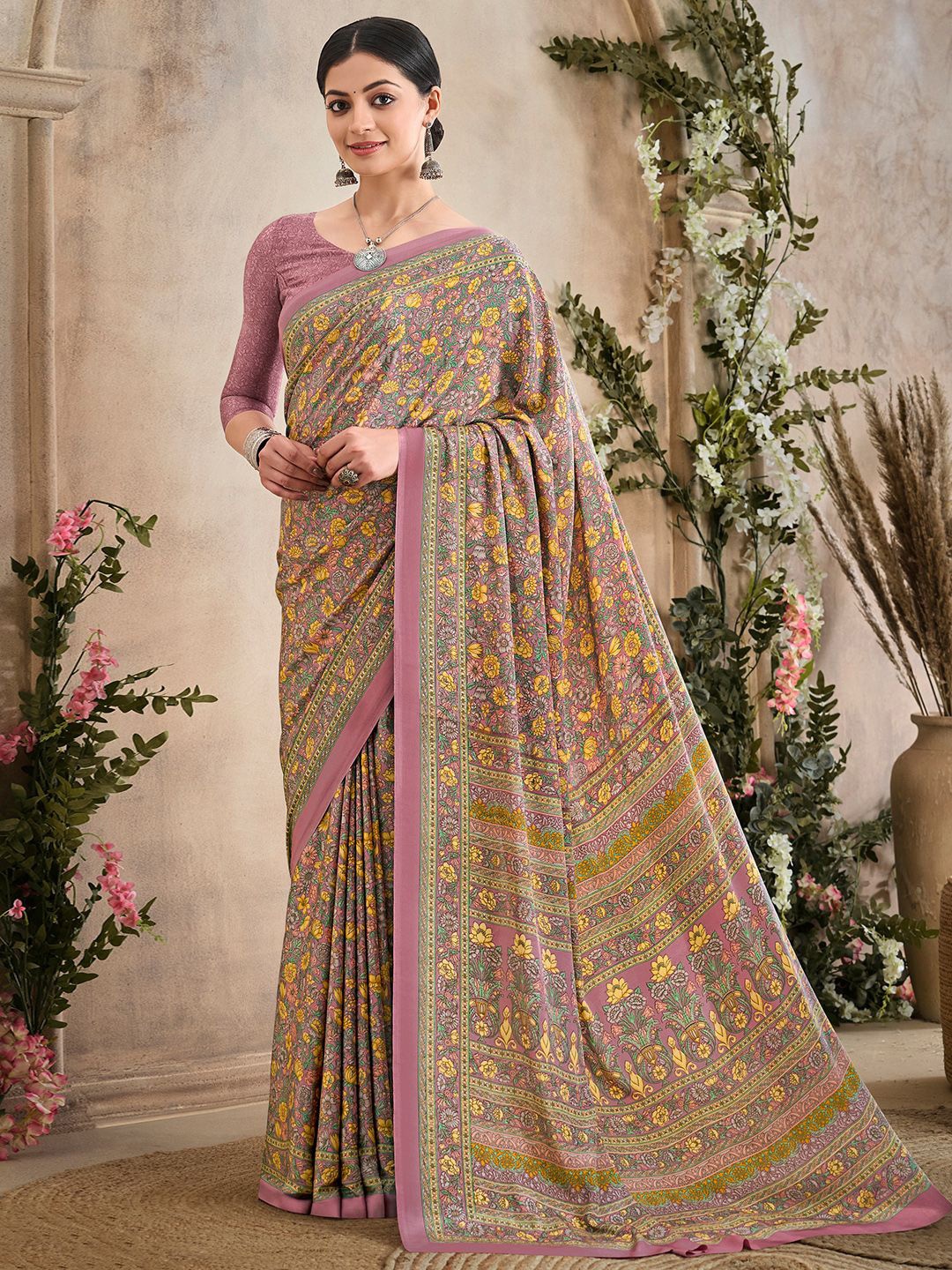 

LeeliPeeri Designer Floral Poly Crepe Saree, Pink