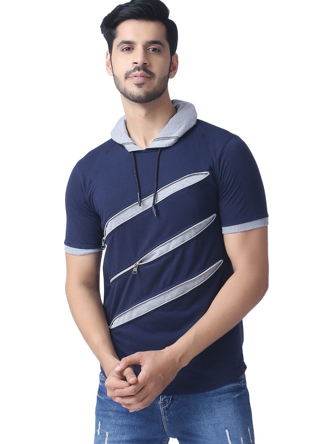 

Black Collection Men Self Design Hood Cotton Slim Fit T-shirt, Navy blue