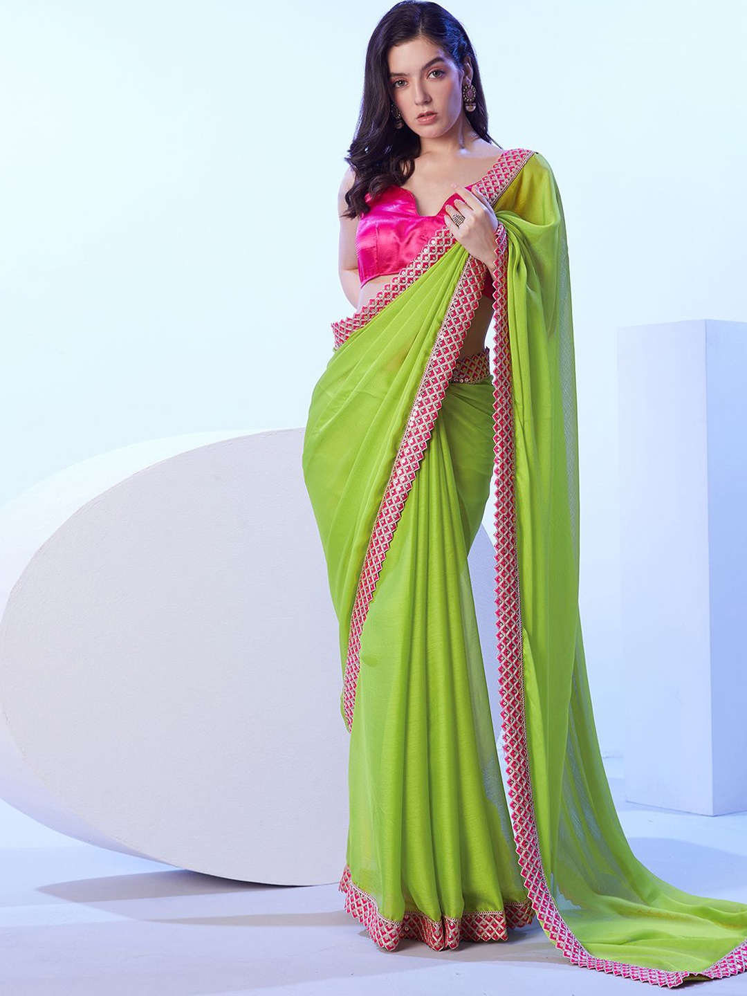 

Satrani Solid Embroidered Pure Chiffon Fusion Saree, Green