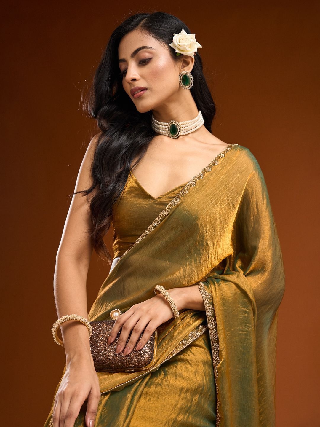 

Mitera Beads and Stone Satin Saree, Gold
