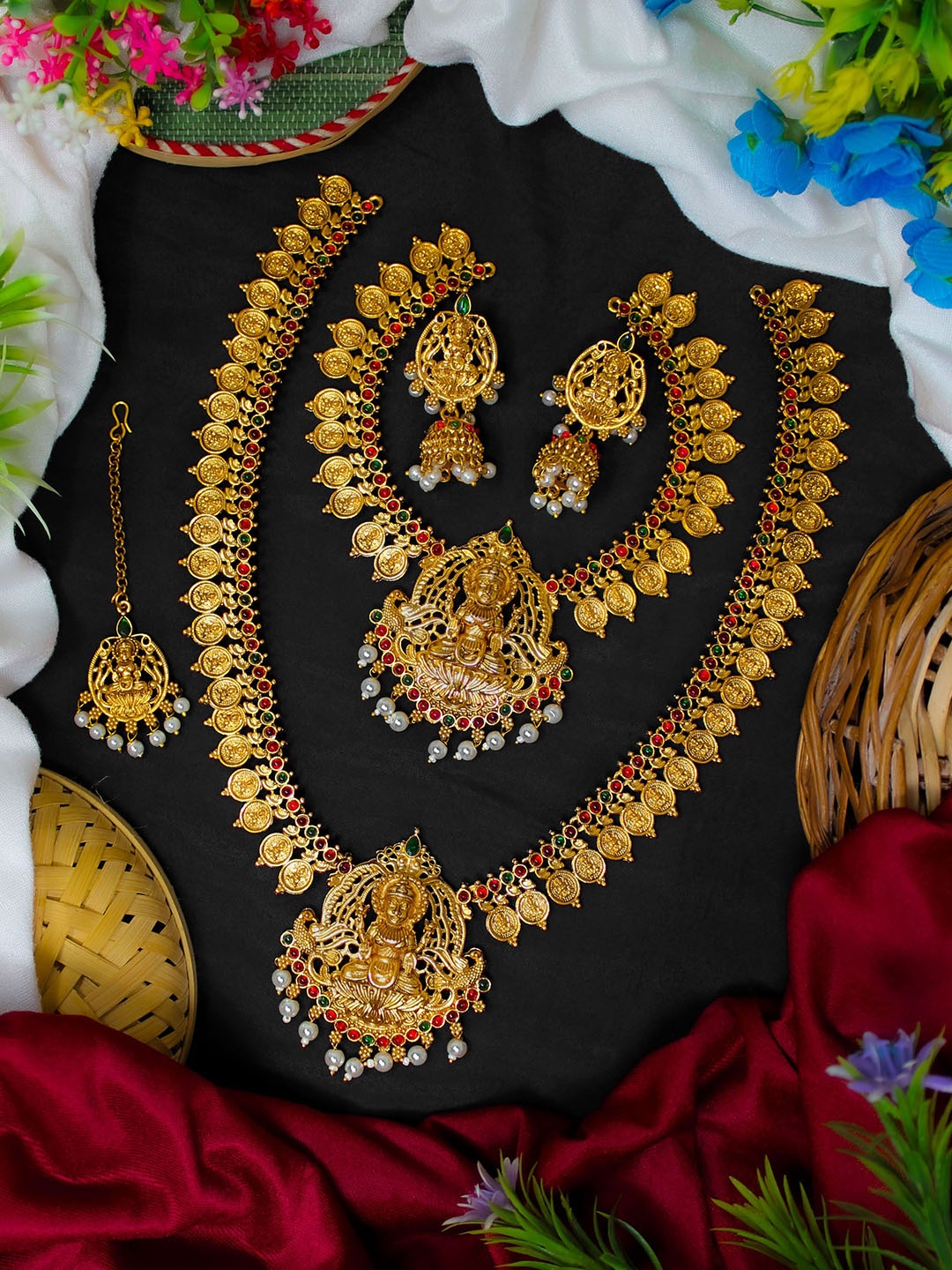 

NAGNESHI ART Gold-Plated Stones Studded & Beaded South Indian Temple Bridal Jewellery Set
