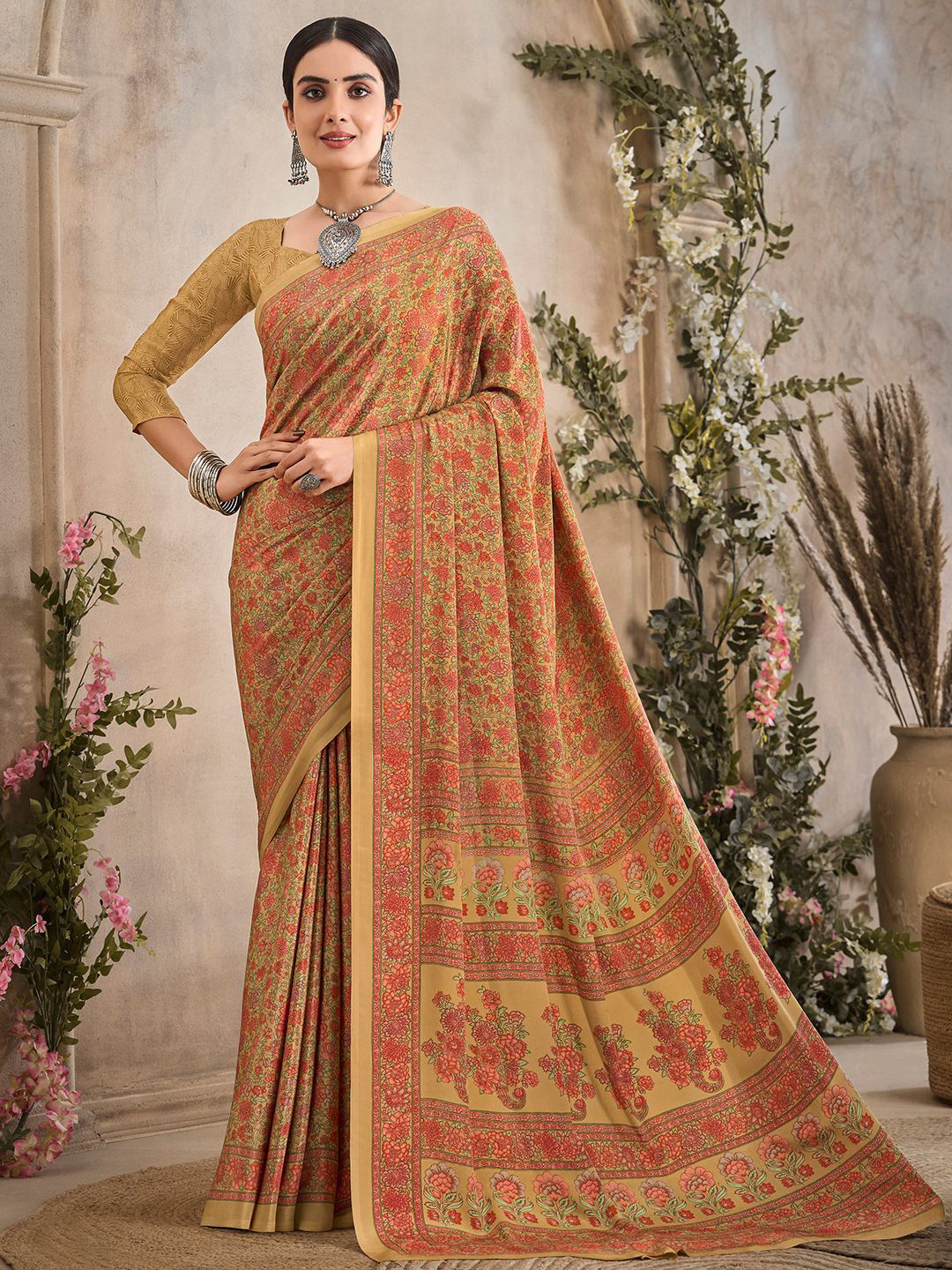 

LeeliPeeri Designer Printed Crepe Saree With Unstitched Blouse Piece, Beige