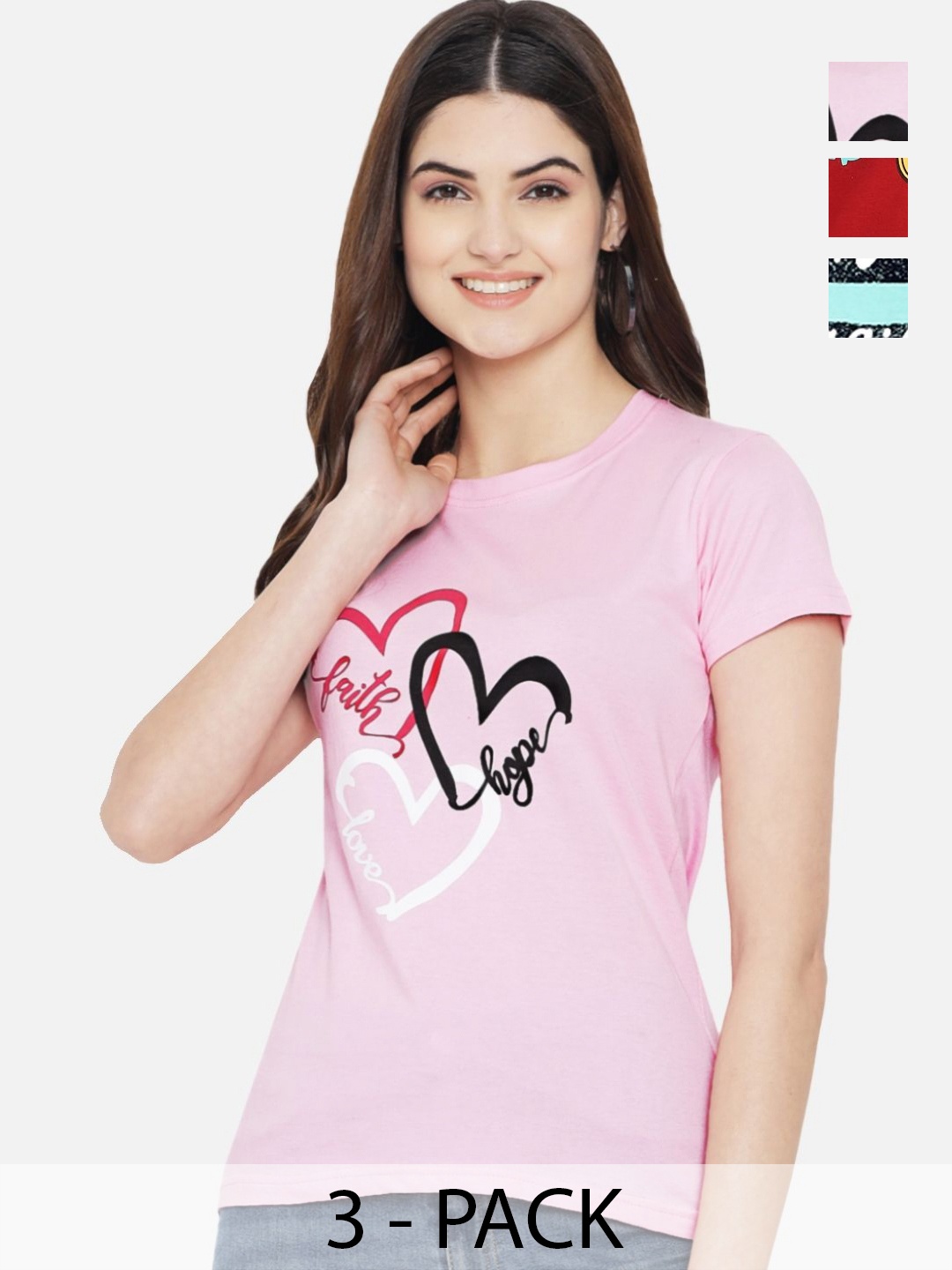 

Dreambe Women Pack Of 3 Typography Printed Round Neck Cotton T-shirts, Pink
