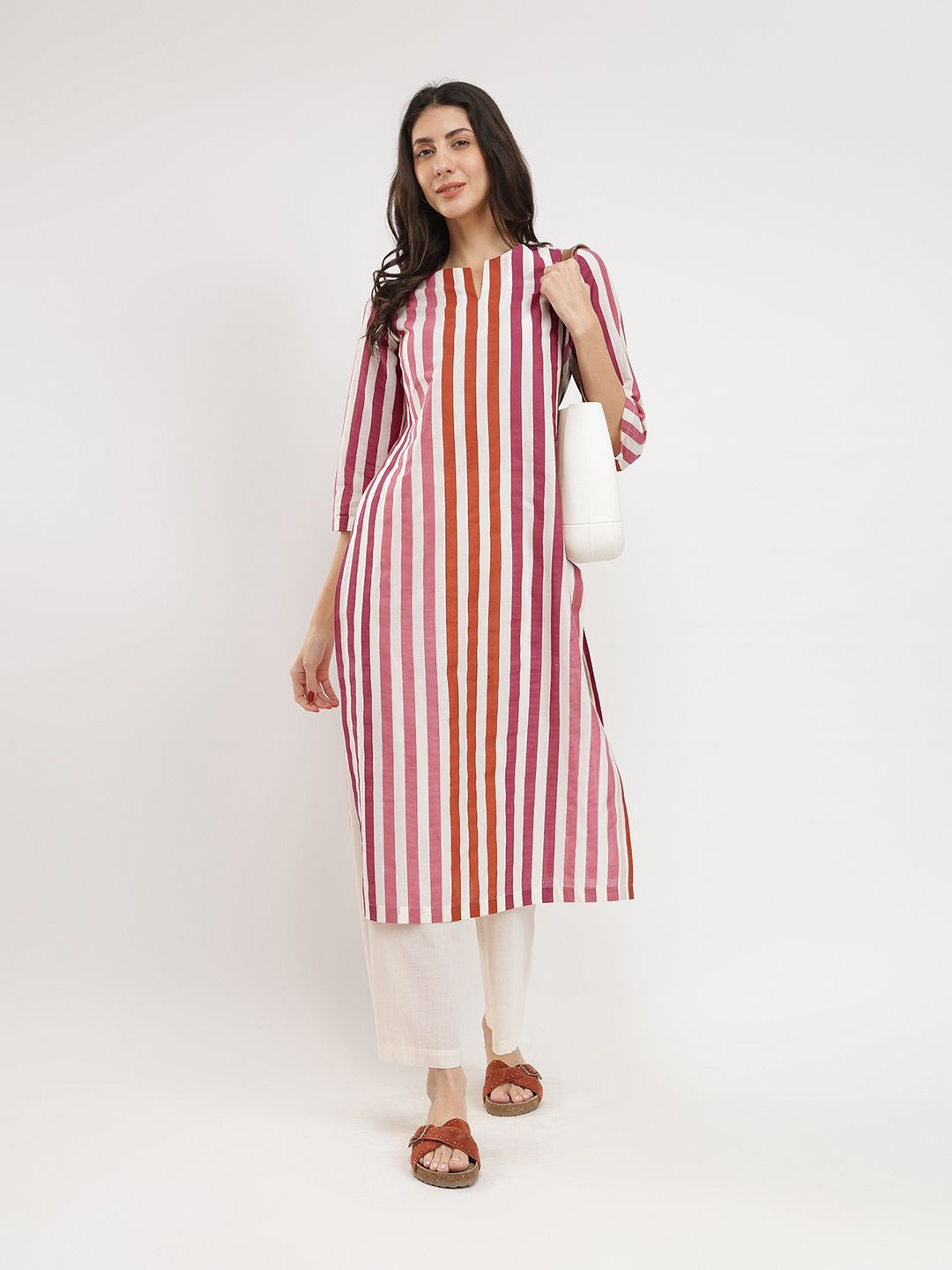 

Pink Fort Striped Cotton Straight Kurta, White