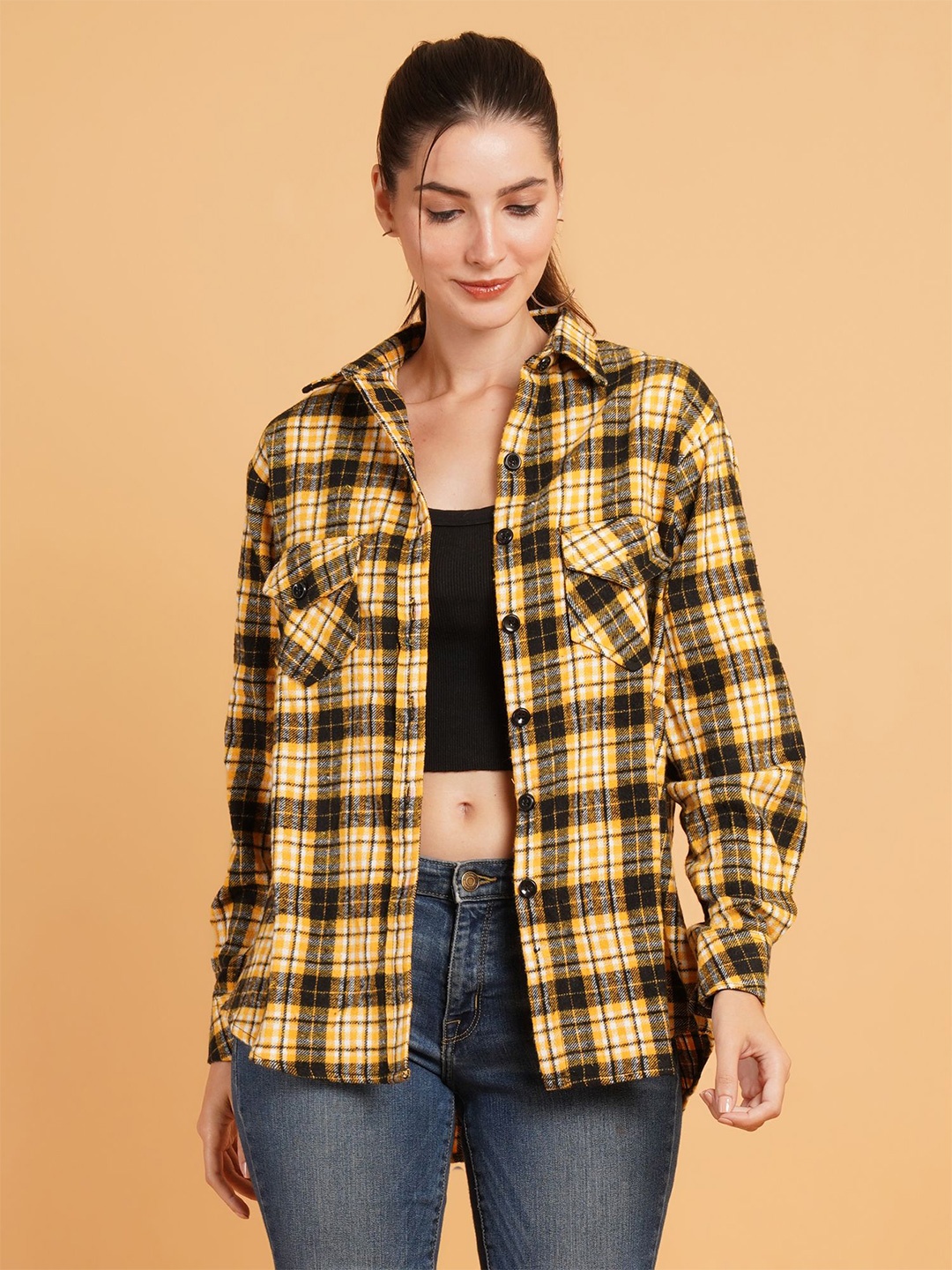 

ANGOORI FASHION Women Straight Relaxed Fit Spread Collar Checked Casual Shirt, Yellow