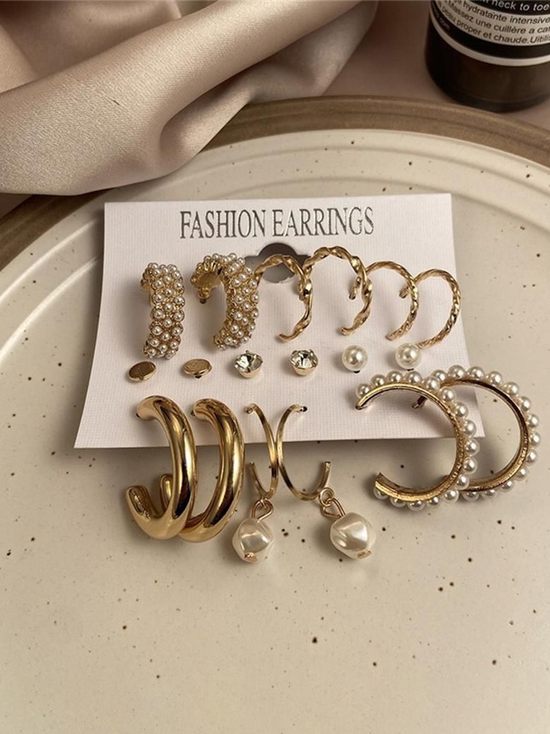

Celestique Set Of 9 Artificial Stones Studded And Beaded Contemporary Half Hoop Earrings, Gold