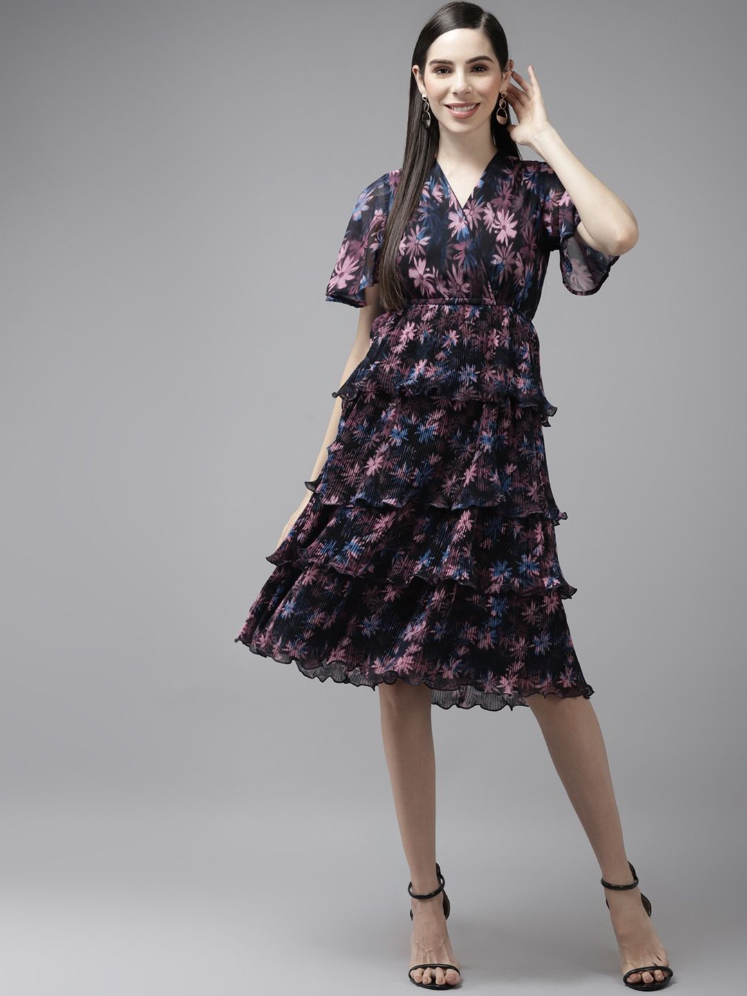 

CORSICA Women Floral Printed Flared Sleeve Fit & Flare Dress, Black