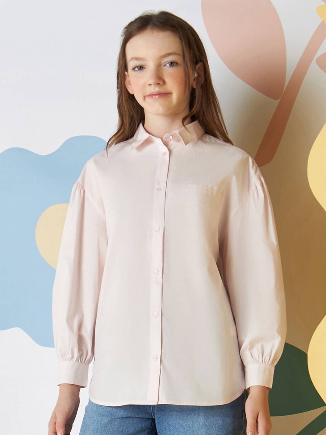 

max Girls Spread Collar Solid Cotton Casual Shirt, Beige
