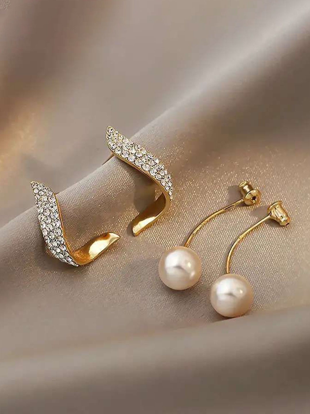 

Celestique Artificial Stones Studded & Pearls Beaded Korean Contemporary Drop Earrings, Gold