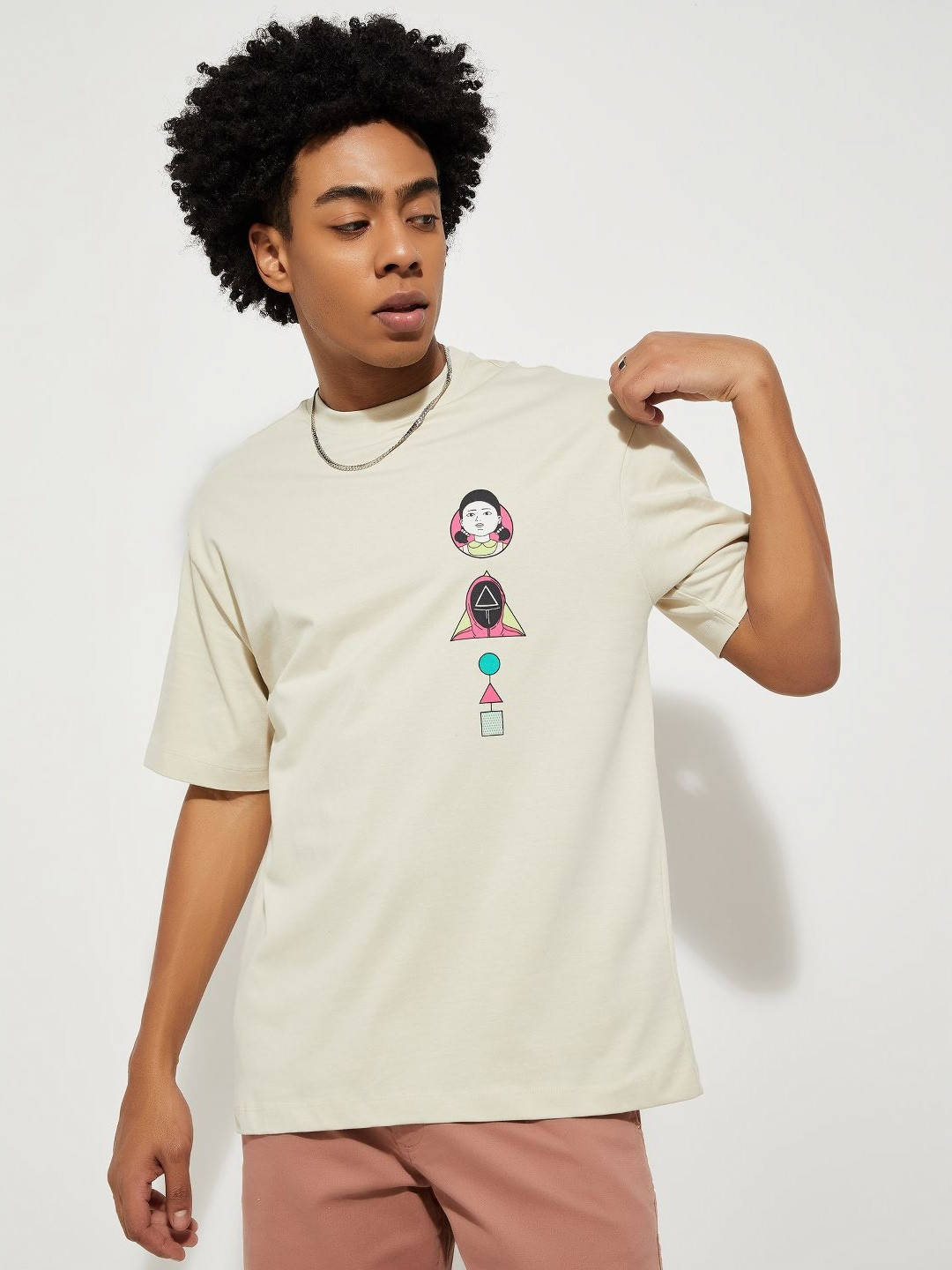 

max Men Graphic Printed Round Neck Cotton T-shirt, Beige