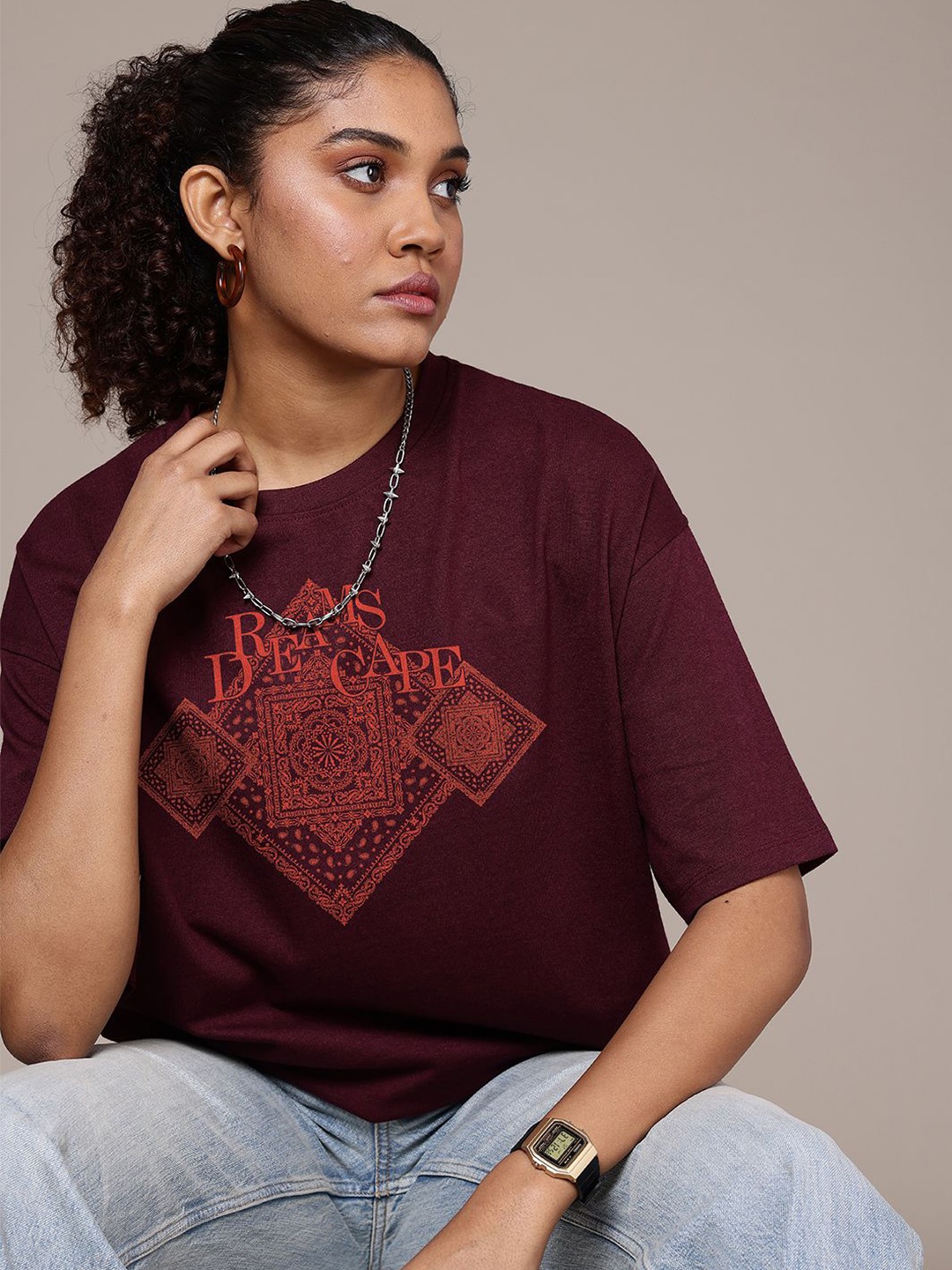 

The Roadster Lifestyle Co. Women Graphic Printed Round Neck Cotton Oversized T-shirt, Burgundy