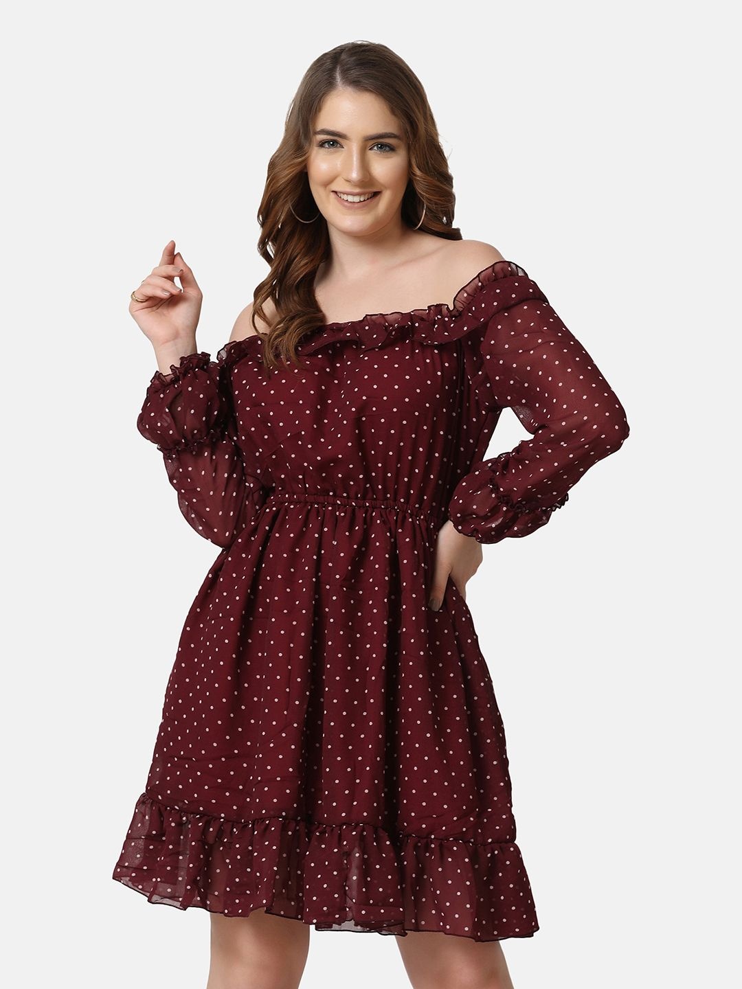 

DIMPY GARMENTS Women Polka Dot Printed Fit and Flare Above Knee Dress, Maroon
