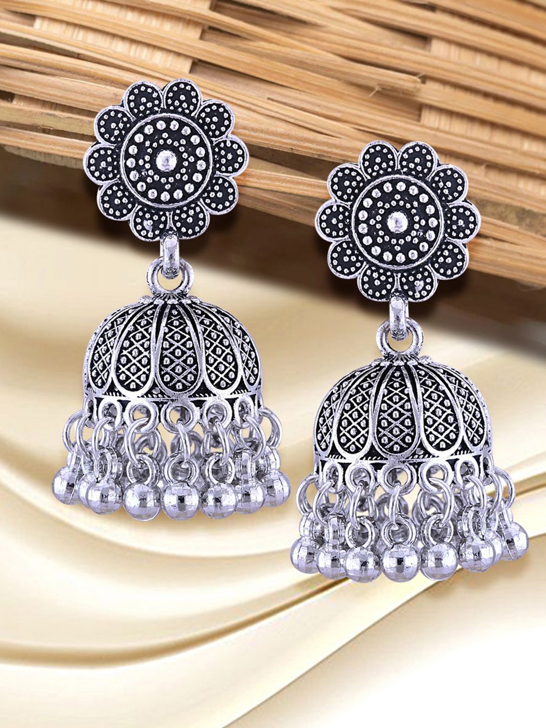 

Anouk Rhodium-Plated Dome Shaped Oxidised Jhumkas, Silver