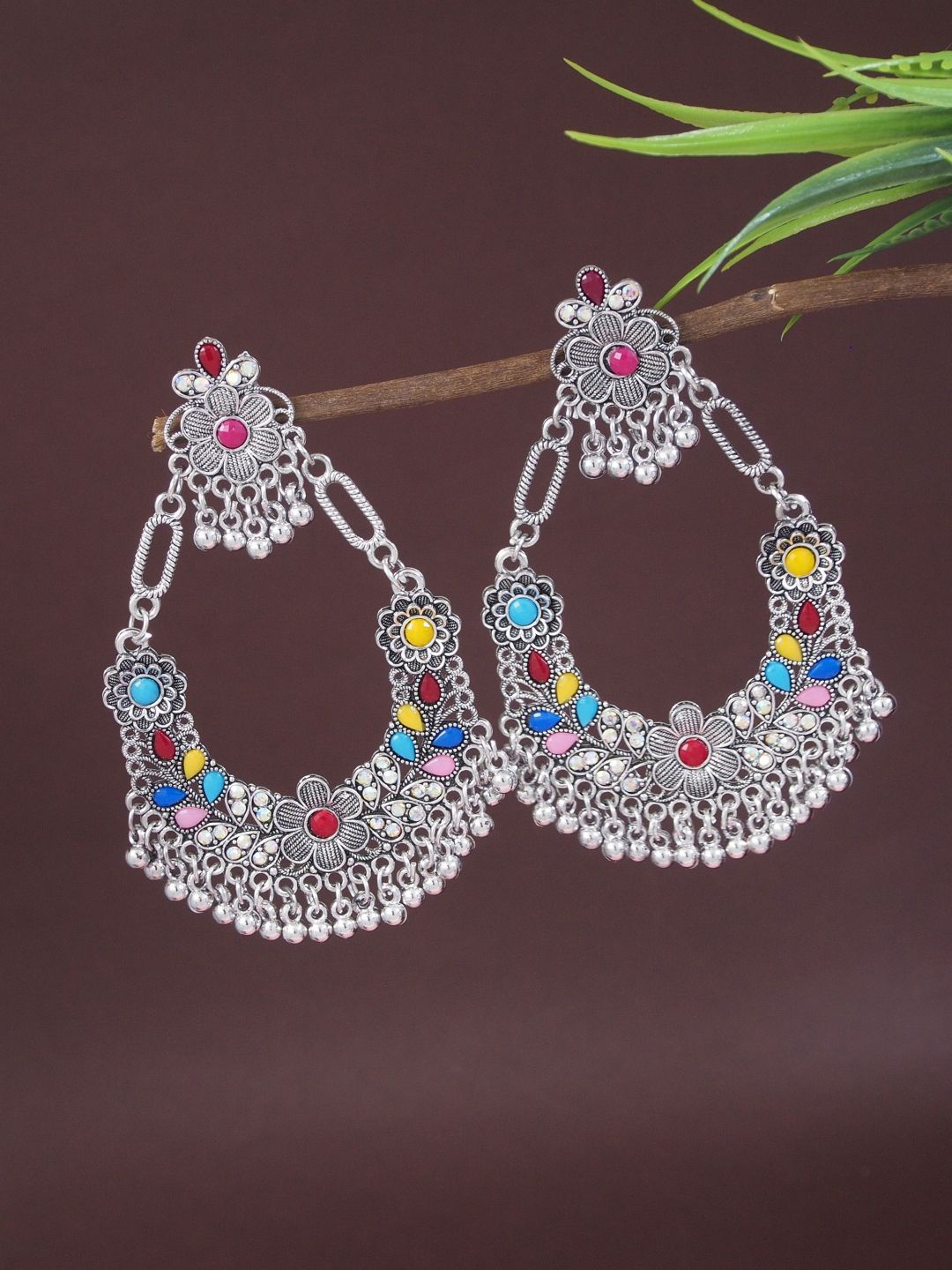 

I Jewels Silver-Plated Contemporary Shaped Beaded Oxidised Dangle Drop Earrings