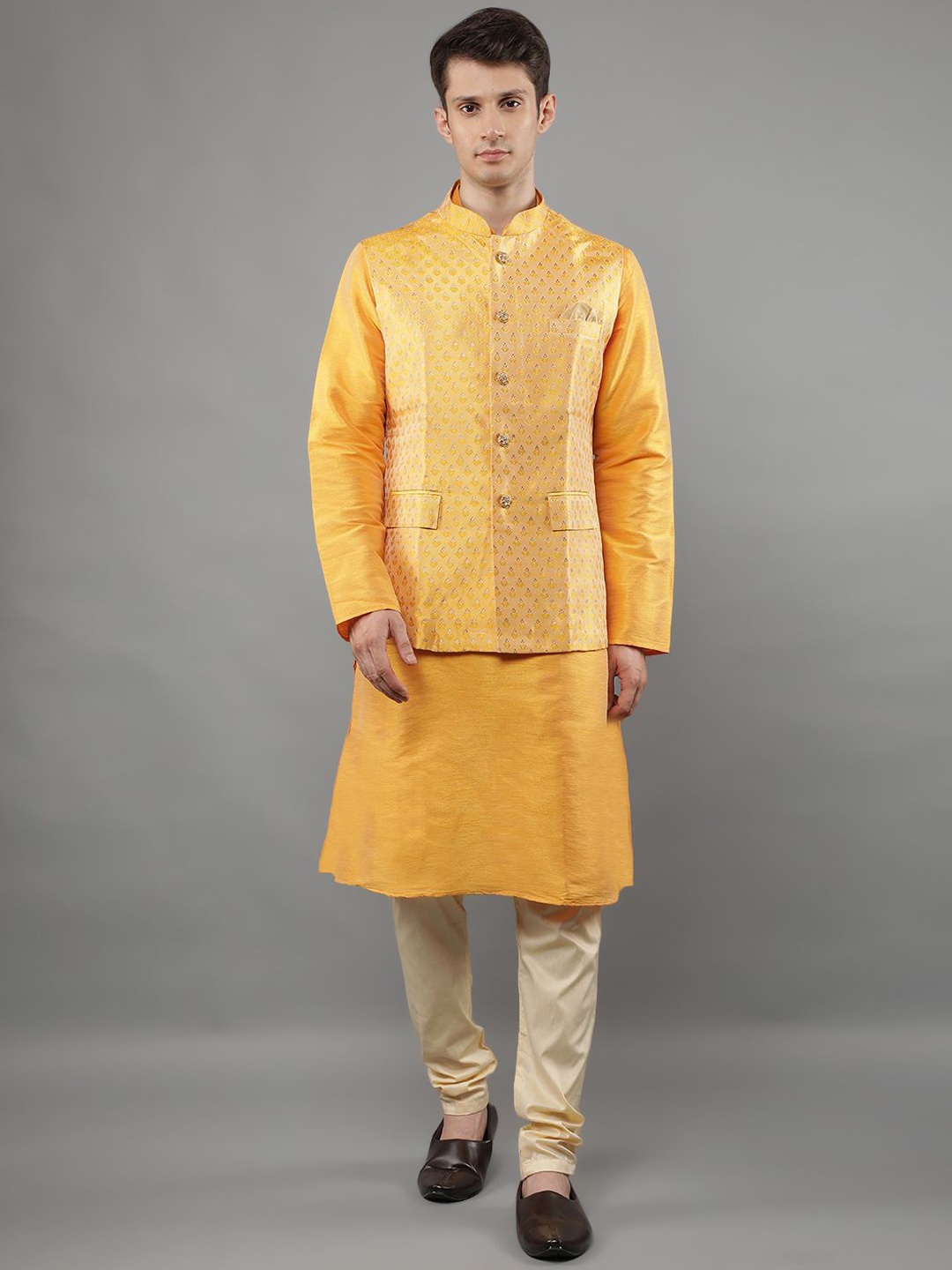 

Manish Creations Mandarin Collar Kurta With Churidar And Nehru Jacket, Yellow
