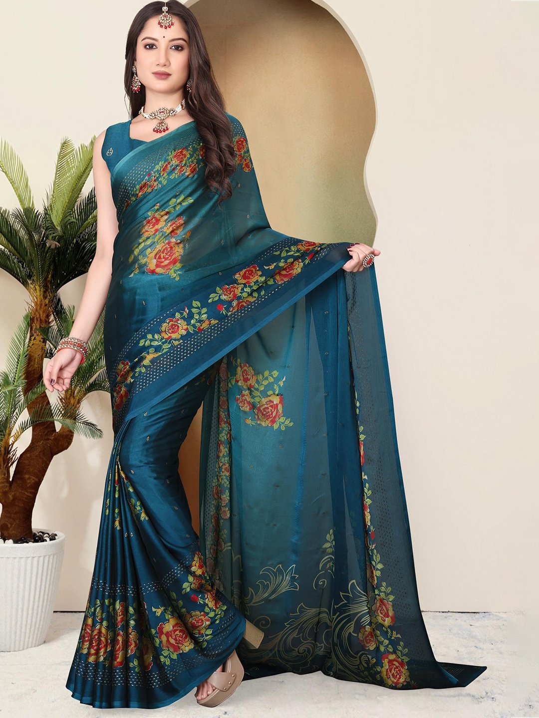 

MAGNEITTA Floral Zari Pure Chiffon Designer Saree, Teal