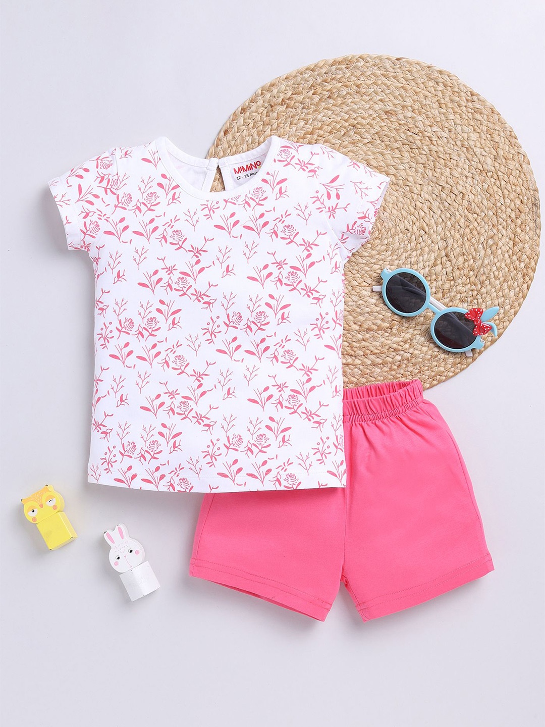 

MIMINO Girls Printed Round Neck Pure Cotton T-Shirt With Shorts, Pink