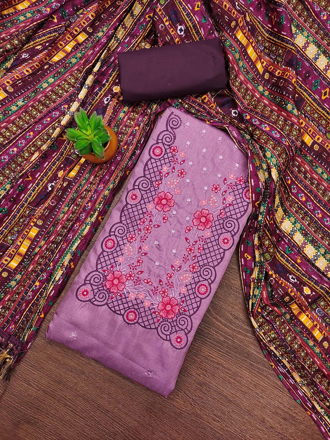 

MANVAA Floral Embroidered Sequinned Unstitched Dress Material, Purple