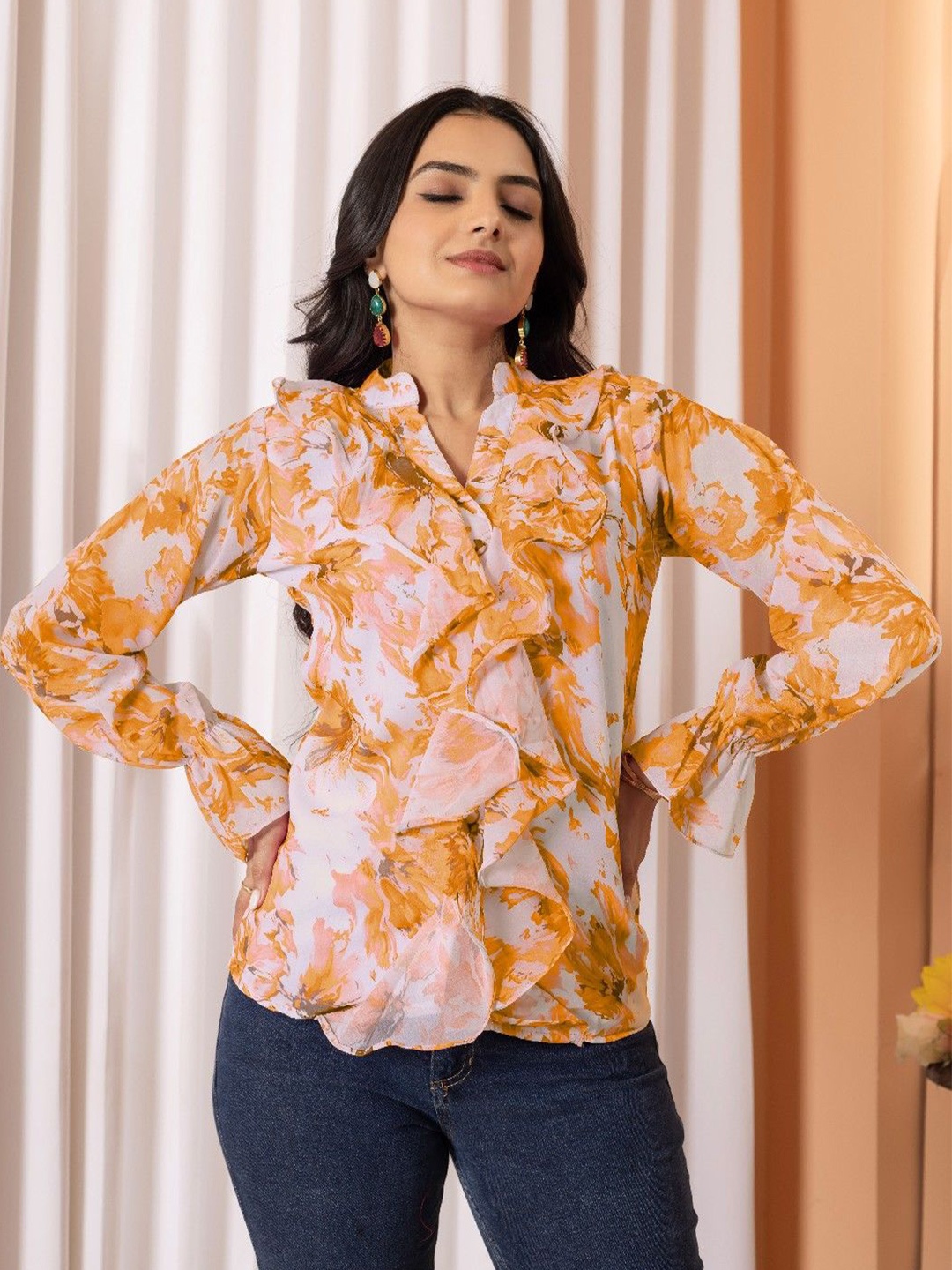 

Tilton Floral Print Mandarin Collar Flared Sleeve Ruffles Georgette Top, Yellow