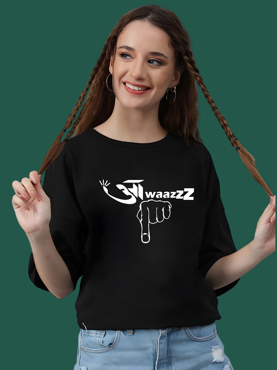 

DressBerry Women Typography Printed Round Neck Cotton Oversized T-shirt, Black
