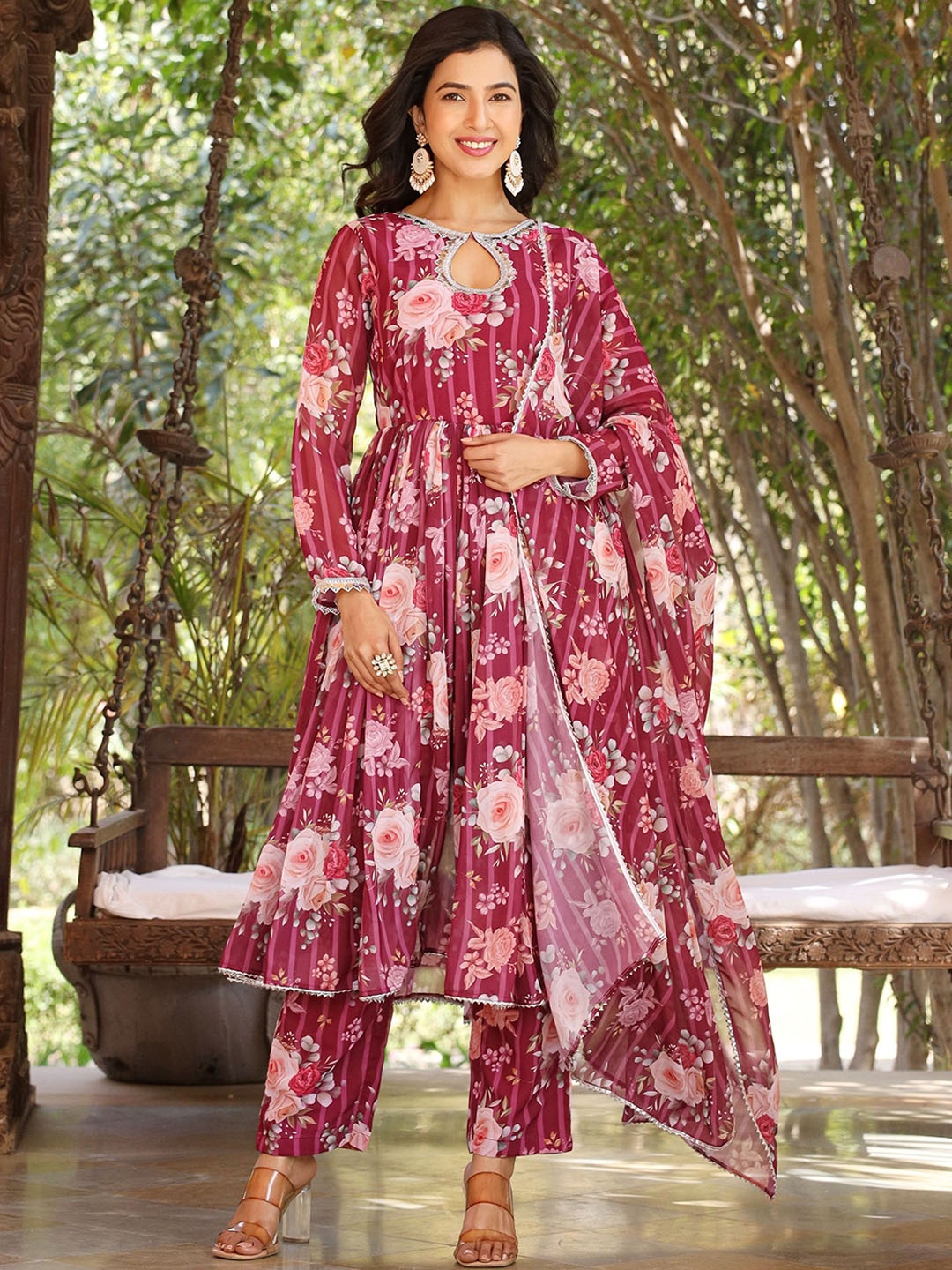 

ASHEERA Floral Printed Keyhole Neck Gotta Patti Georgette Kurta With Trousers & Dupatta, Maroon