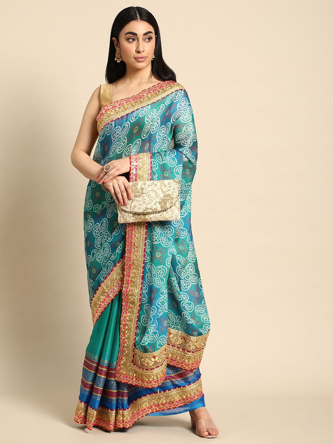 

DIVASTRI Bandhani Gotta Patti Bandhani Saree, Blue
