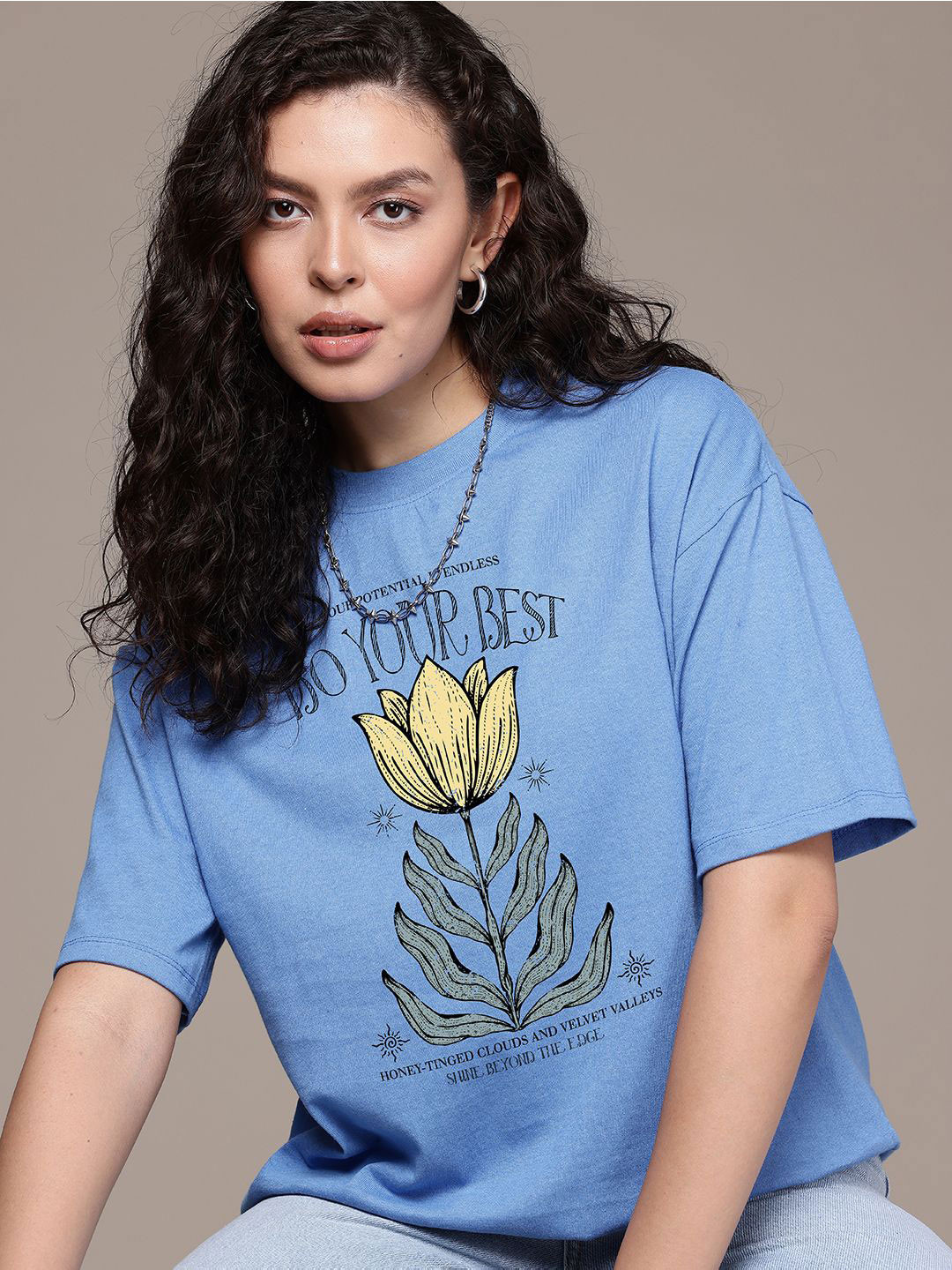 

The Roadster Lifestyle Co. Women Graphic Printed Round Neck Cotton Oversized T-shirt, Blue