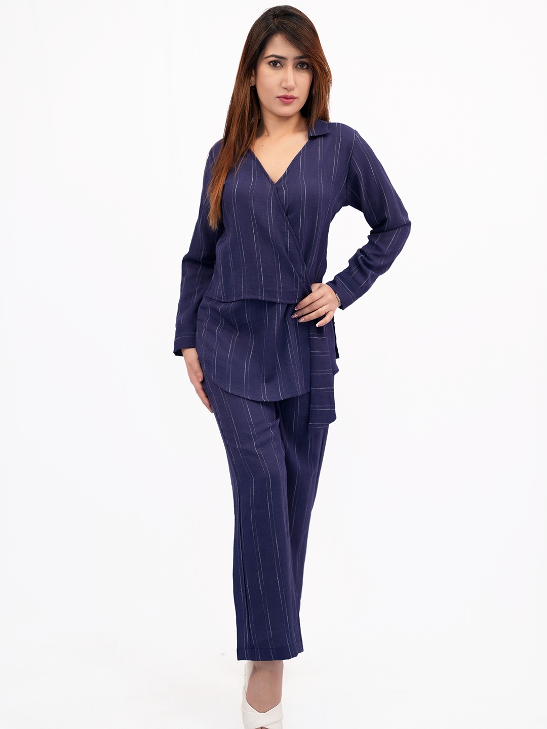 

BELLO DONA CLOTHING Striped Printed Top With Trouser, Blue