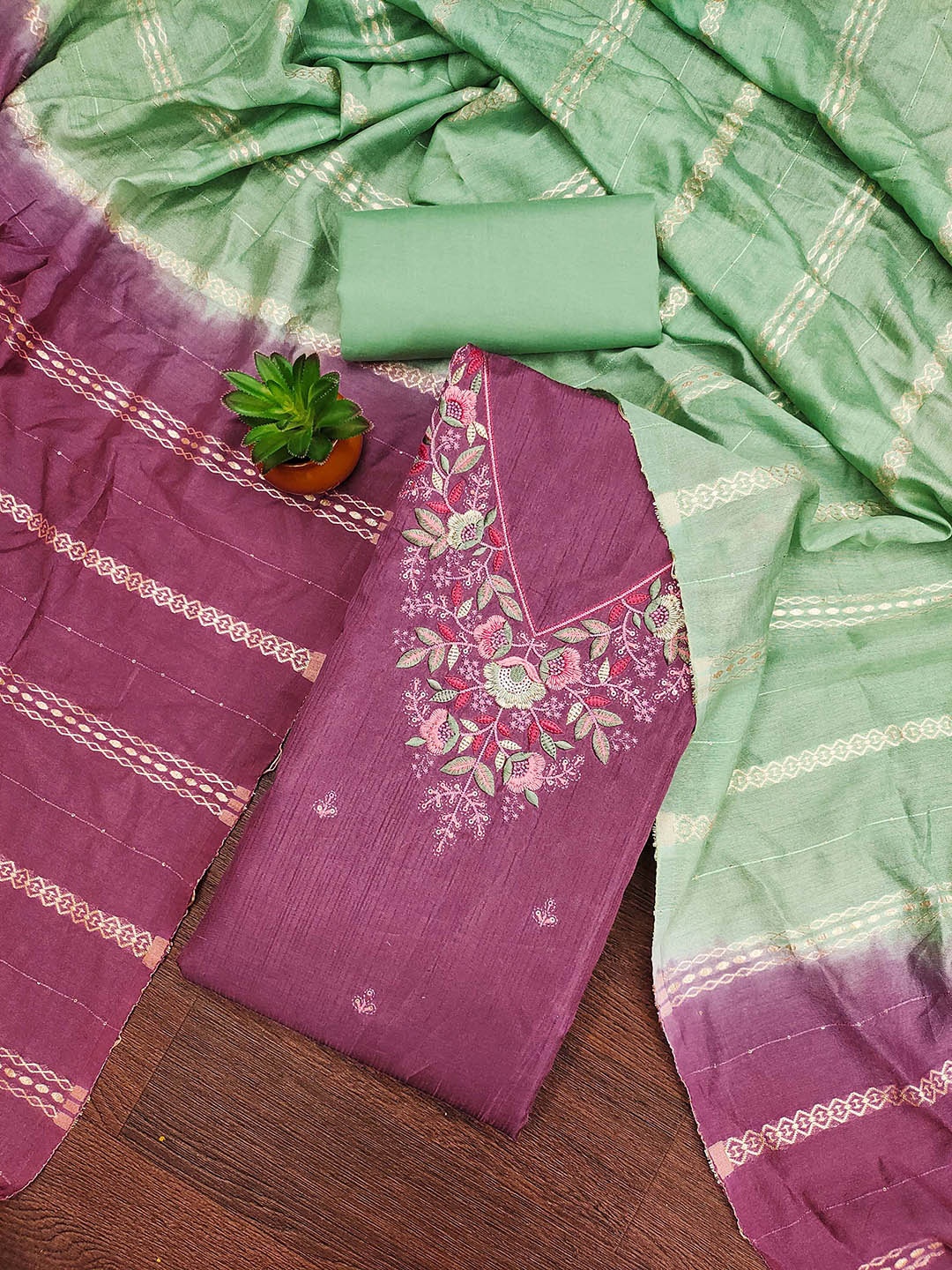 

MANVAA Floral Embroidered Silk Cotton Unstitched Dress Material, Purple