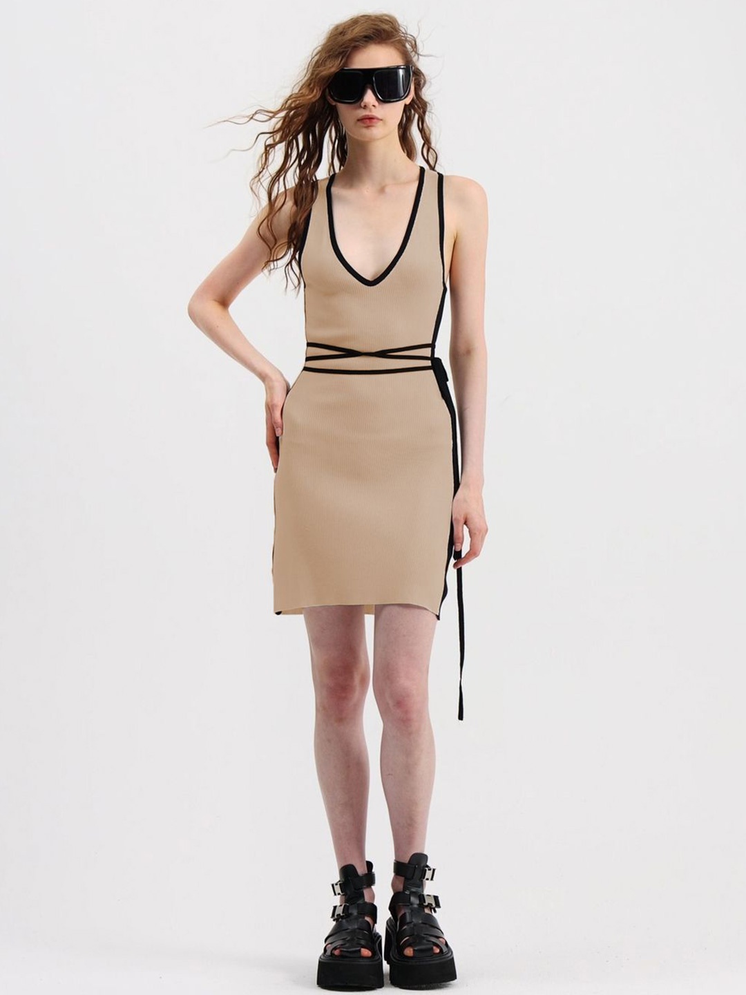 

Moda Rapido Solid Crepe Bodycon Dress, Beige