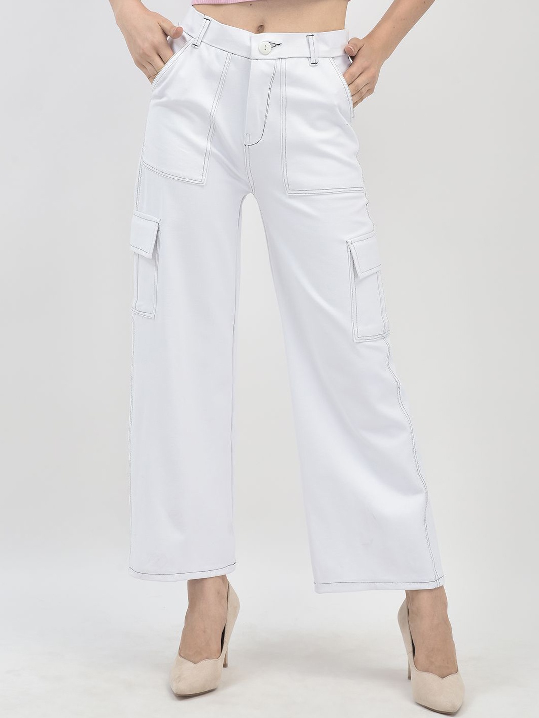 

FNOCKS Women Cotton Relaxed Straight Leg Flared High-Rise Cargos Trousers, White