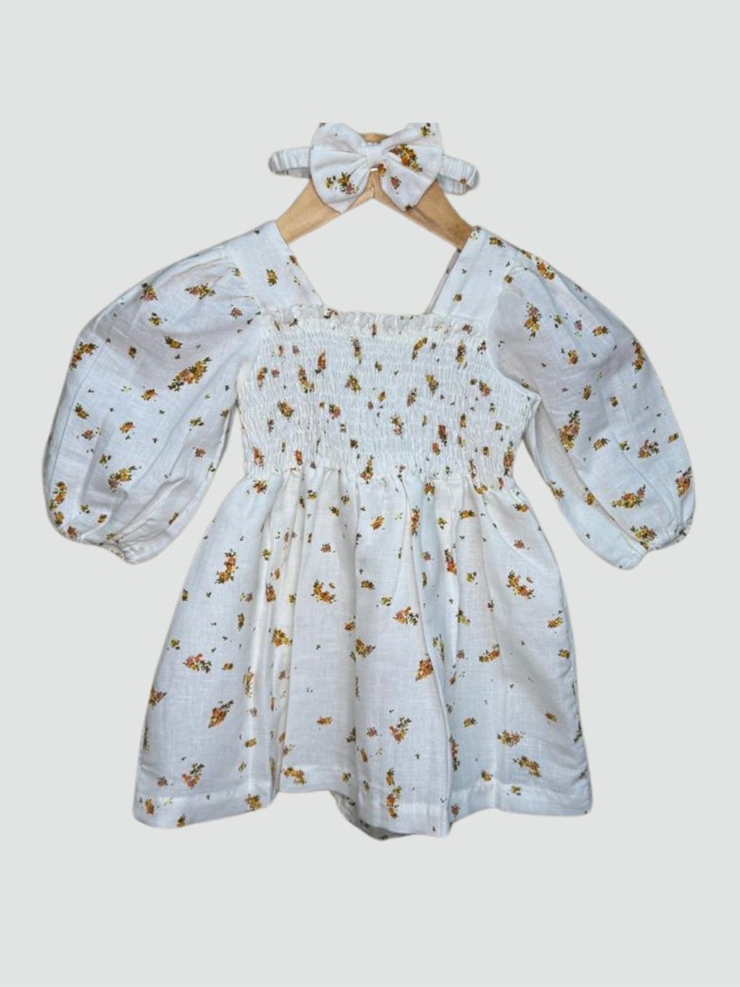

BAESD Girls Cotton Floral Micro Print Smocked Fit & Flare Dress With Bow, White