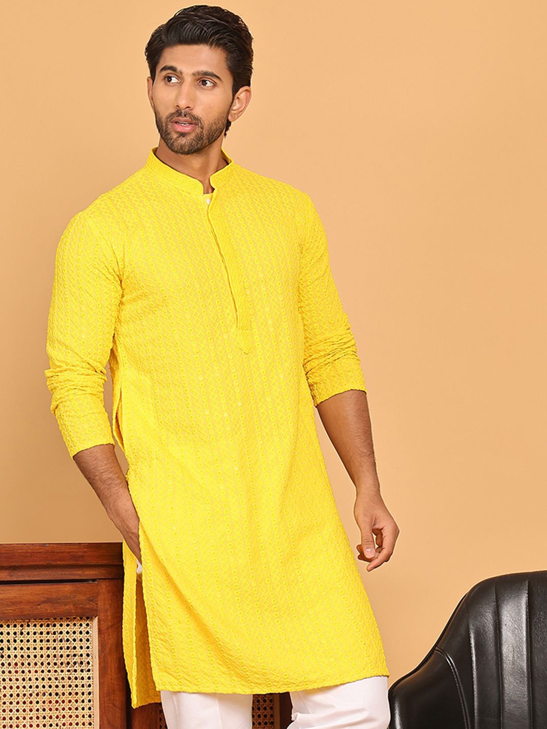 

Anouk Yellow Geometric Embroidered Mandarin Collar Sequinned Straight Kurta