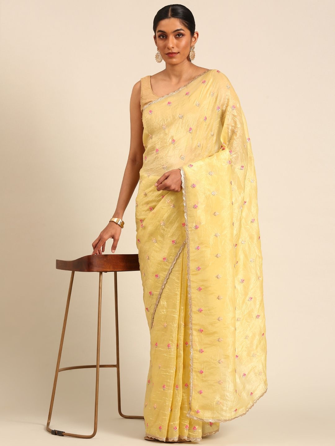 

LeeliPeeri Designer Floral Embroidered Sequined Tissue Saree, Yellow