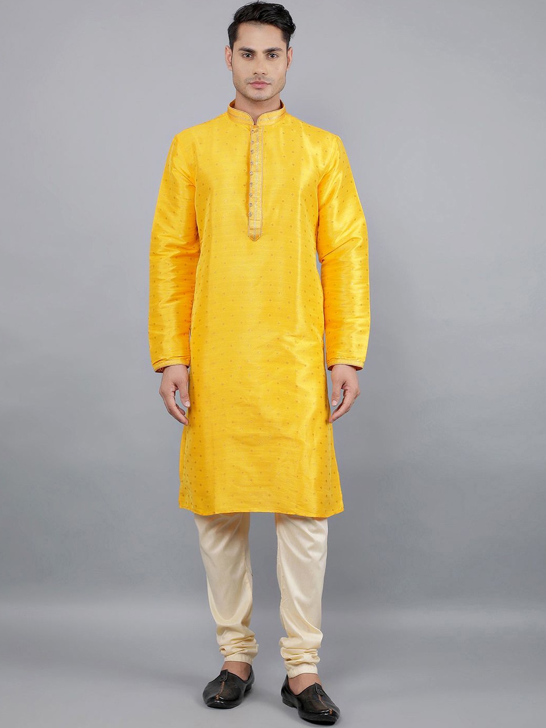 

Manish Creations Woven Design Mandarin Collar Jacquard Straight Kurta With Churidar, Yellow