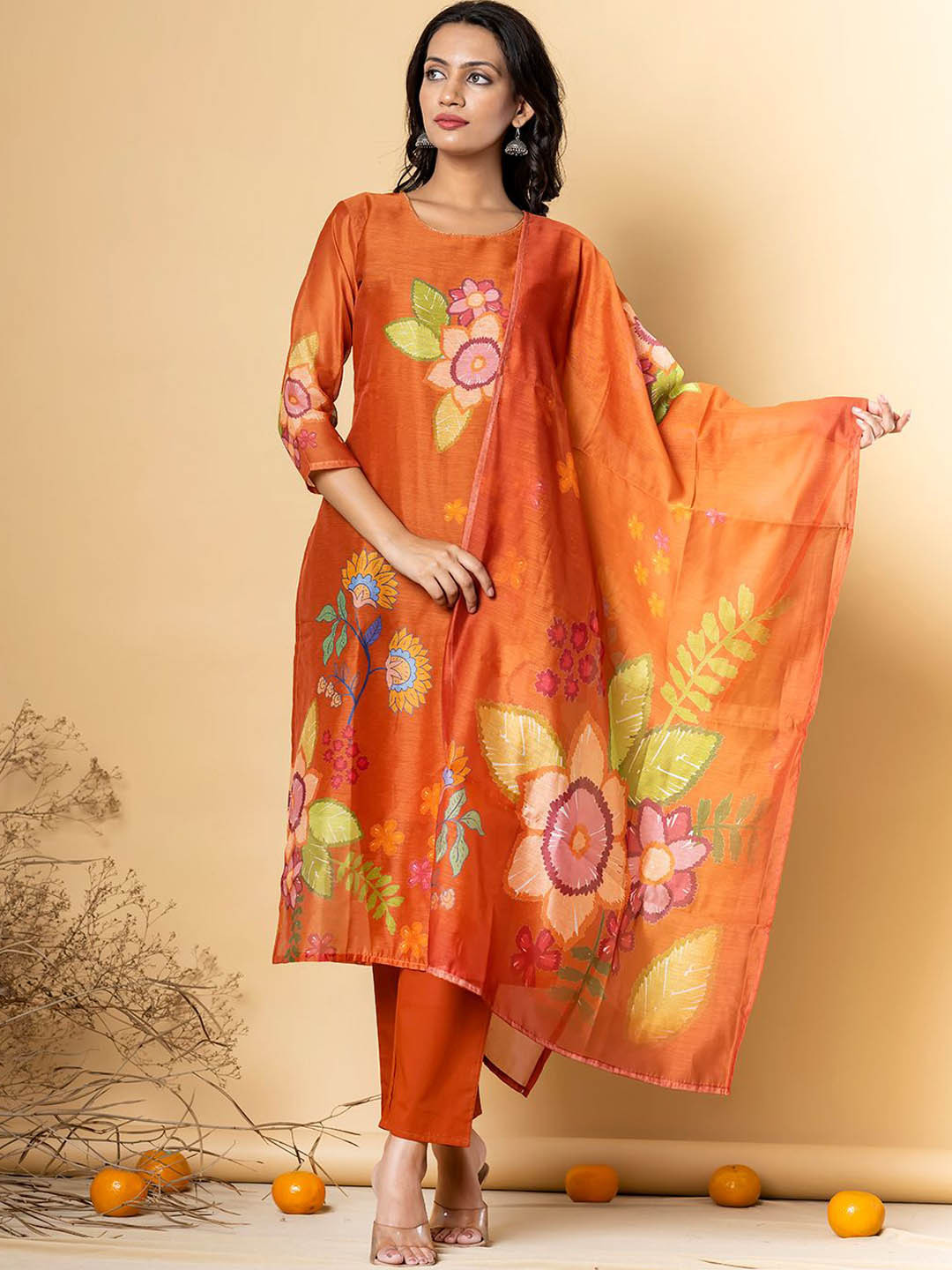 

Readiprint Floral Printed Pure Silk Straight Kurta With Palazzos & Dupatta, Brown