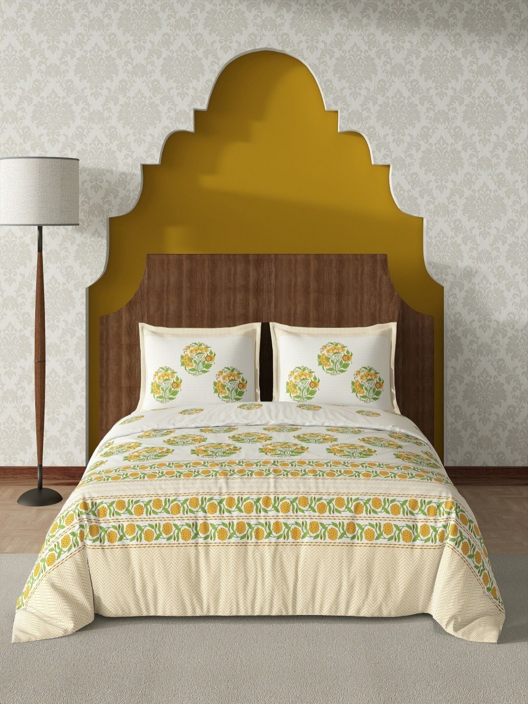 

tundwal's Mustard & White Printed Pure Cotton 210TC King Bedsheet Sets- 2.74 m x 2.74 m