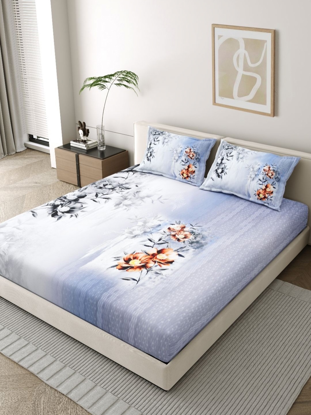 

EverHOME Artisan Blue Floral Printed 210 TC Pure Cotton King Bedsheet Set 2.74 x 2.74m