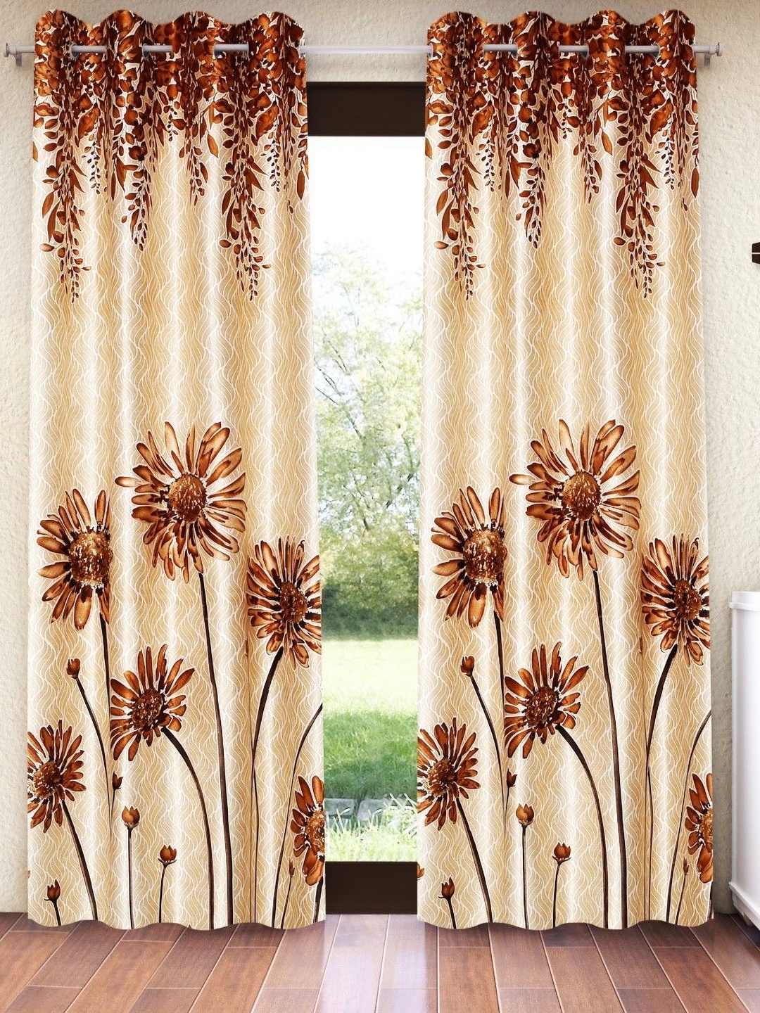 

Home Sizzler Brown And Cream 2 Pieces Floral Regular Window Curtain, Beige