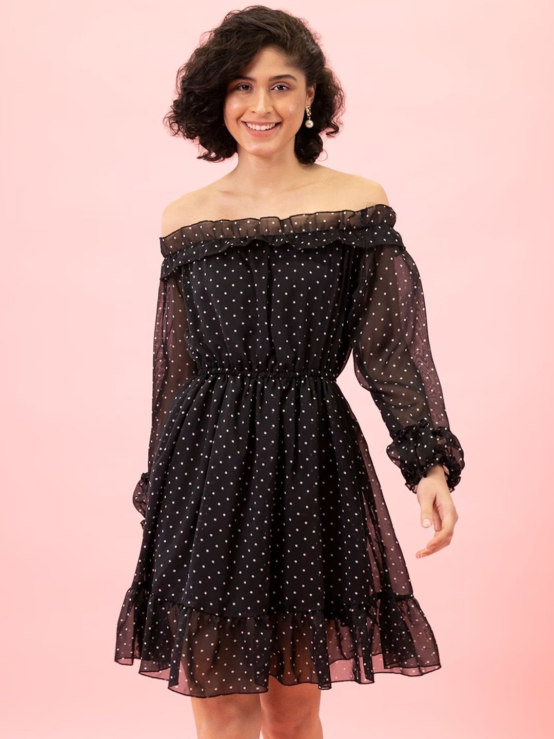 

DIMPY GARMENTS Women Polka Dots Printed Off-Shoulder Fit & Flare Dress, Black