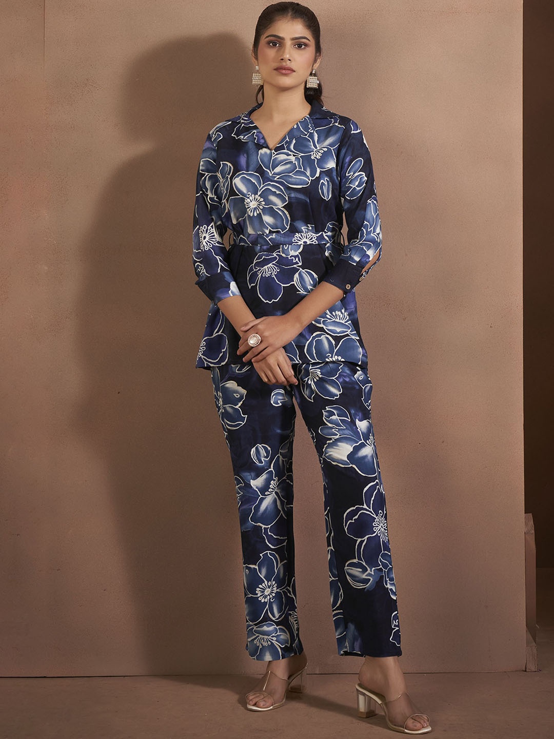 

Anouk Navy Blue Floral PrintedShawl Neck Tunic With Trousers Co-Ords