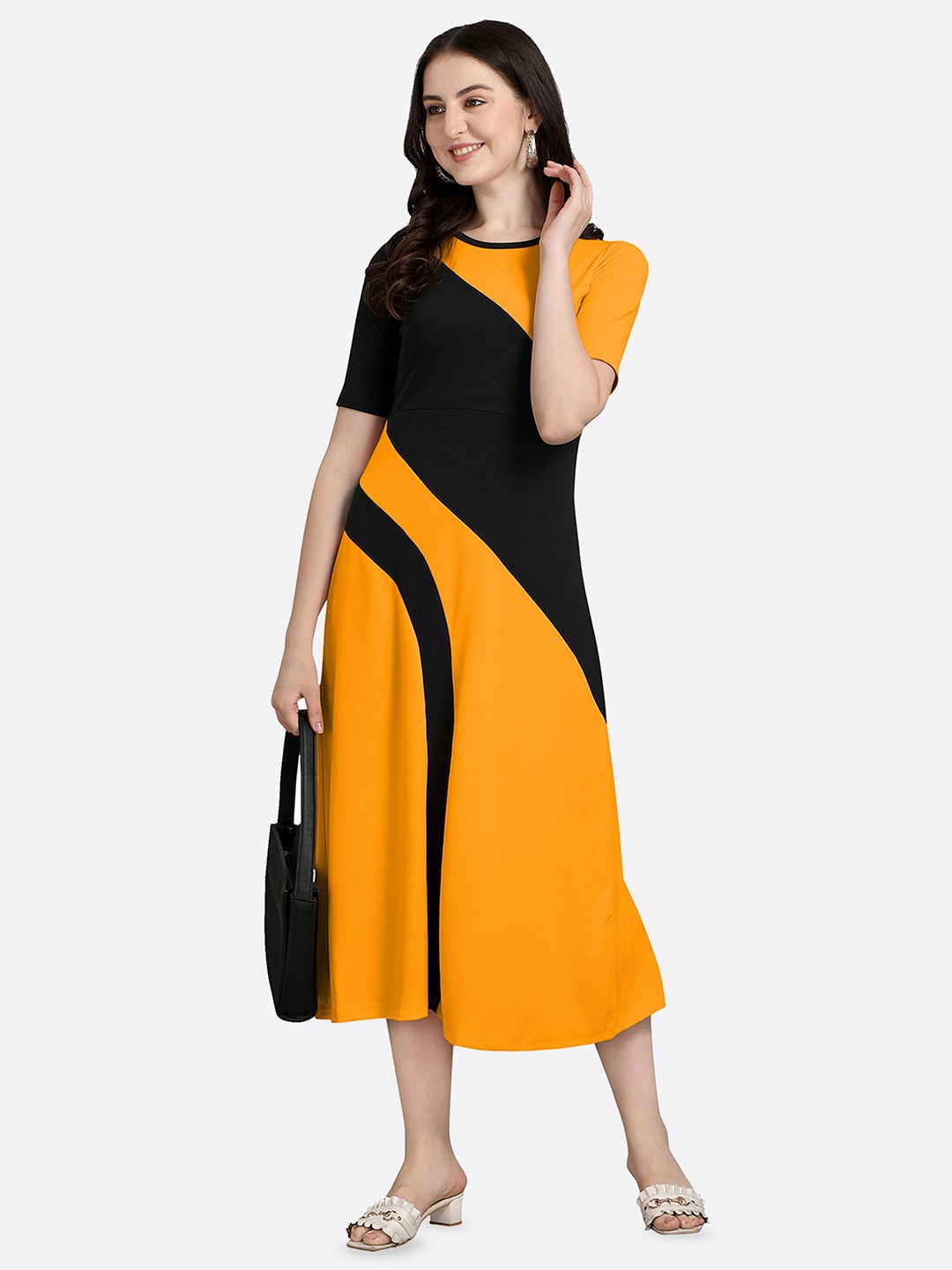 

DressBerry Women Colourblocked Cotton A-Line Midi Dress, Yellow