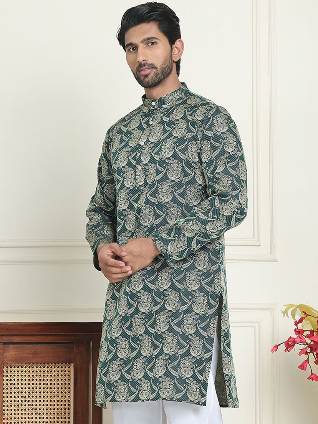 

Anouk Olive Floral Woven Design Mandarin Collar Jacquard Silk Straight Kurta